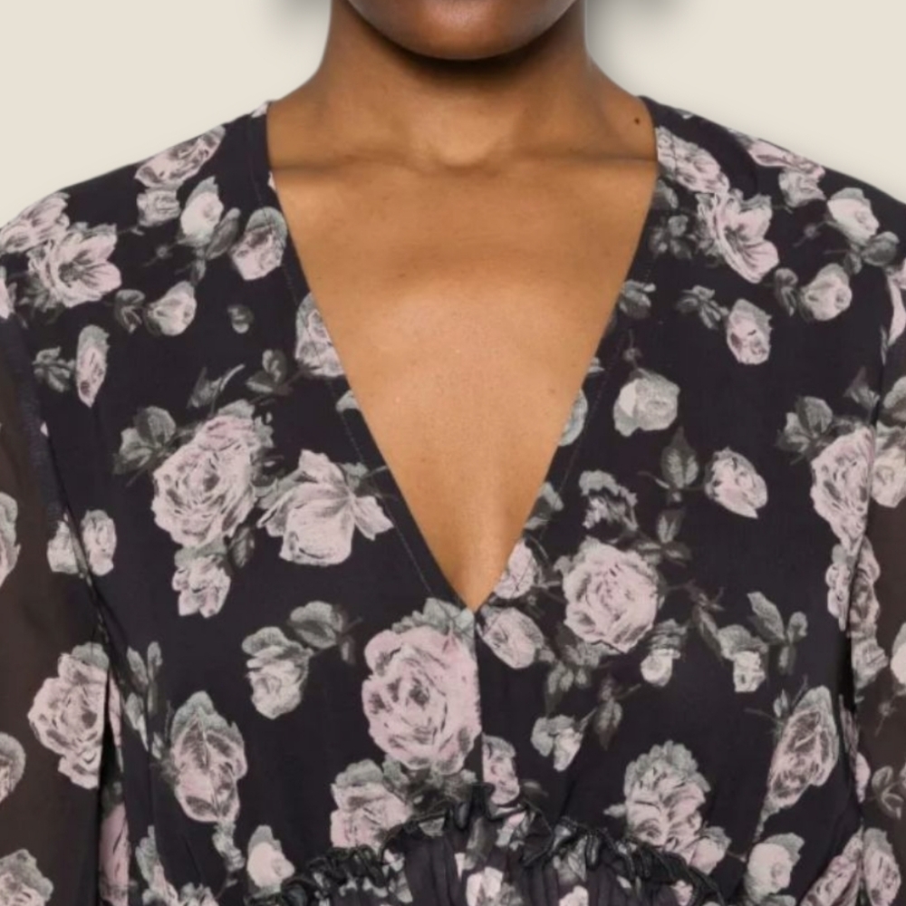 NWT GANNI Pleated Georgette V Neck Flounce Mini Dress In Phantom Floral Size 0 - Picture 3 of 14